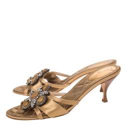 Chanel Gold Satin Crystal Embellished Slide Sandals Size 38