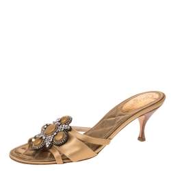 Chanel Gold Satin Crystal Embellished Slide Sandals Size 38
