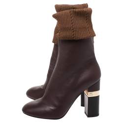 Chanel Burgundy/Brown Kangaroo Leather And Sock Ankle Boots Size 38