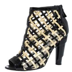 Chanel Black/White Woven Caged Open Toe Swirl Heel Booties Size 38.5