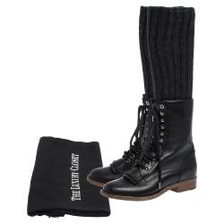  Chanel Black Leather And Knit Fabric Sock Combat Boots Size 38