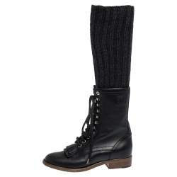  Chanel Black Leather And Knit Fabric Sock Combat Boots Size 38