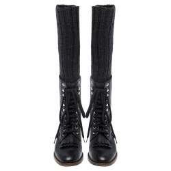  Chanel Black Leather And Knit Fabric Sock Combat Boots Size 38