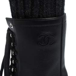  Chanel Black Leather And Knit Fabric Sock Combat Boots Size 38