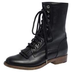 Chanel Black Leather And Knit Fabric Sock Combat Boots Size 38
