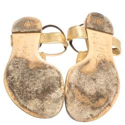 Chanel Metallic Gold Leather Thong Flat Sandals Size 38.5