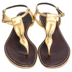Chanel Metallic Gold Leather Thong Flat Sandals Size 38.5