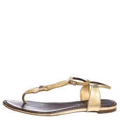 Chanel Metallic Gold Leather Thong Flat Sandals Size 38.5