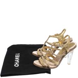 Chanel Metallic Gold CC Crystal Embellished Suede Lucite Heel Strappy Sandals Size 37