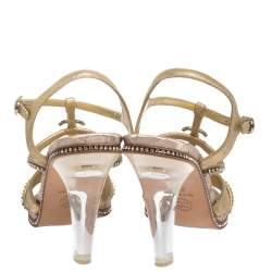 Chanel Metallic Gold CC Crystal Embellished Suede Lucite Heel Strappy Sandals Size 37