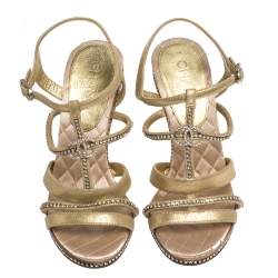 Chanel Metallic Gold CC Crystal Embellished Suede Lucite Heel Strappy Sandals Size 37