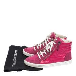 Pre Owned Chanel Pink Leather, Suede And Nylon CC Pearl Double Zipper High Top Sneakers Size 37