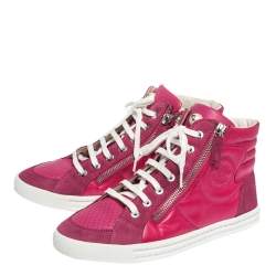 Pre Owned Chanel Pink Leather, Suede And Nylon CC Pearl Double Zipper High Top Sneakers Size 37