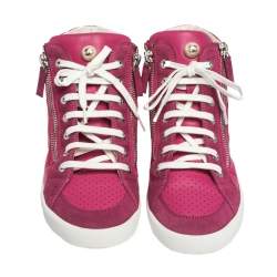 Pre Owned Chanel Pink Leather, Suede And Nylon CC Pearl Double Zipper High Top Sneakers Size 37