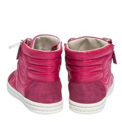 Pre Owned Chanel Pink Leather, Suede And Nylon CC Pearl Double Zipper High Top Sneakers Size 37