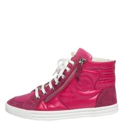 Pre Owned Chanel Pink Leather, Suede And Nylon CC Pearl Double Zipper High Top Sneakers Size 37