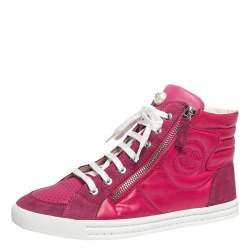 Pre Owned Chanel Pink Leather, Suede And Nylon CC Pearl Double Zipper High Top Sneakers Size 37