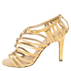 Pre Owned Chanel Beige Patent Leather Bow Embellished Cage Sandals Size 38