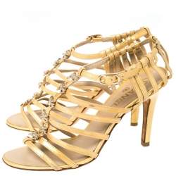 Pre Owned Chanel Beige Patent Leather Bow Embellished Cage Sandals Size 38