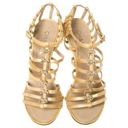 Pre Owned Chanel Beige Patent Leather Bow Embellished Cage Sandals Size 38