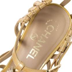 Pre Owned Chanel Beige Patent Leather Bow Embellished Cage Sandals Size 38