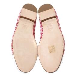 Pre Owned Chanel Red/White Tweed Fabric And Leather CC Cap Toe Bow Ballet Flats Size 41