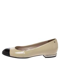Pre Owned Chanel Two Tone Patent Leather Pearl Embellished Cap Toe Ballet Flats Size 38