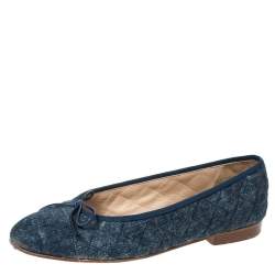 Chanel Blue Quilted Denim 'CC' Bow Ballet Flats Size 38 Chanel