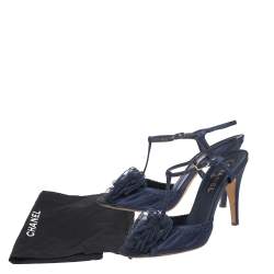Chanel Blue Satin Flower Embellished Scrunch Peep Toe Ankle Strap Sandals Size 40