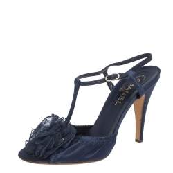 Chanel Blue Satin Flower Embellished Scrunch Peep Toe Ankle Strap Sandals Size 40