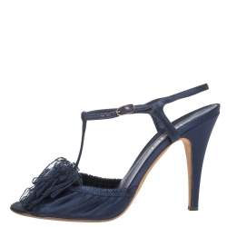 Chanel Blue Satin Flower Embellished Scrunch Peep Toe Ankle Strap Sandals Size 40