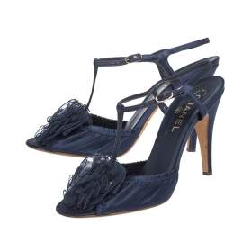 Chanel Blue Satin Flower Embellished Scrunch Peep Toe Ankle Strap Sandals Size 40