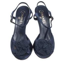 Chanel Blue Satin Flower Embellished Scrunch Peep Toe Ankle Strap Sandals Size 40