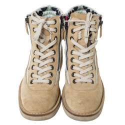 Chanel Beige Suede And White CC Canvas Combat 2x Zip Lace Up Boots Size 38