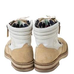  Chanel Beige Suede And White CC Canvas Combat 2x Zip Lace Up Boots Size 38