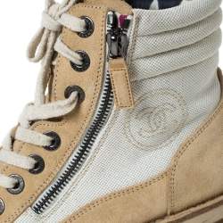  Chanel Beige Suede And White CC Canvas Combat 2x Zip Lace Up Boots Size 38
