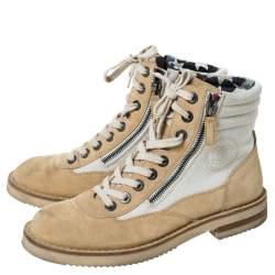  Chanel Beige Suede And White CC Canvas Combat 2x Zip Lace Up Boots Size 38