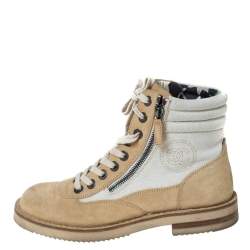  Chanel Beige Suede And White CC Canvas Combat 2x Zip Lace Up Boots Size 38