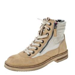  Chanel Beige Suede And White CC Canvas Combat 2x Zip Lace Up Boots Size 38