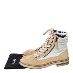  Chanel Beige Suede And White CC Canvas Combat 2x Zip Lace Up Boots Size 38