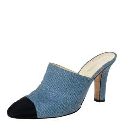 Chanel Blue Denim Print Leather And Black Grosgrain CC Mules Size 38