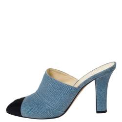 Chanel Blue Denim Print Leather And Black Grosgrain CC Mules Size 38