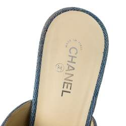 Chanel Blue Denim Print Leather And Black Grosgrain CC Mules Size 38
