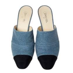 Chanel Blue Denim Print Leather And Black Grosgrain CC Mules Size 38