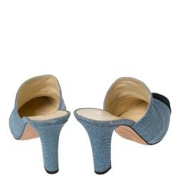 Chanel Blue Denim Print Leather And Black Grosgrain CC Mules Size 38
