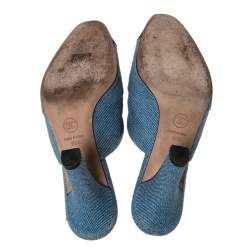 Chanel Blue Denim Print Leather And Black Grosgrain CC Mules Size 38