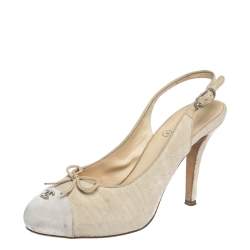 Chanel Beige Canvas CC Bow Cap Toe Slingback  Sandals Size 38