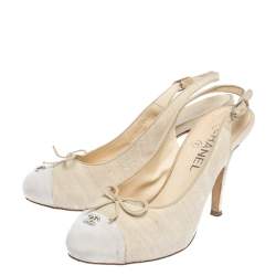 Chanel Beige Canvas CC Bow Cap Toe Slingback  Sandals Size 38