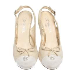 Chanel Beige Canvas CC Bow Cap Toe Slingback  Sandals Size 38