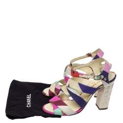 Pre Owned Chanel Multicolor Fabric Strappy Sculpture Heel Ankle Strap Sandals Size 38.5